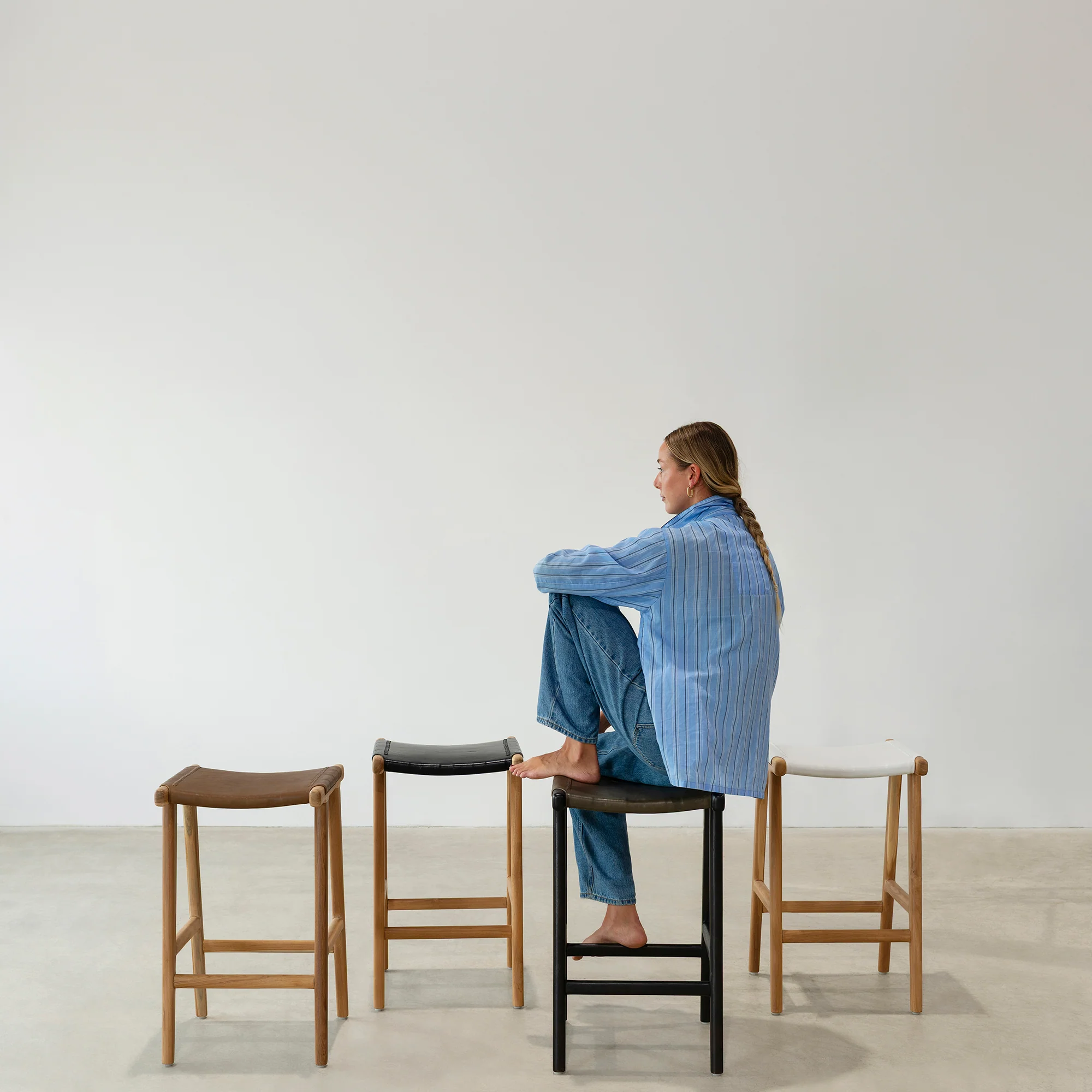 Jok Stool - Teak/White Leather - Image 4